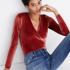 Madewell Crushed Velvet Burnt Orange Wrap Bodysuit